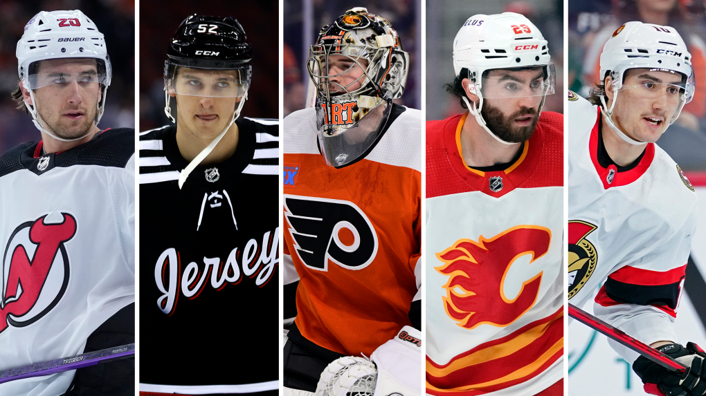 New Jersey Devils' Michael McLeod, New Jersey Devils' Cal Foote, Philadelphia Flyers' Carter Hart, Calgary Flames' Dillon Dube and former Ottawa Senators player Alex Formenton are seen in this composite image. 